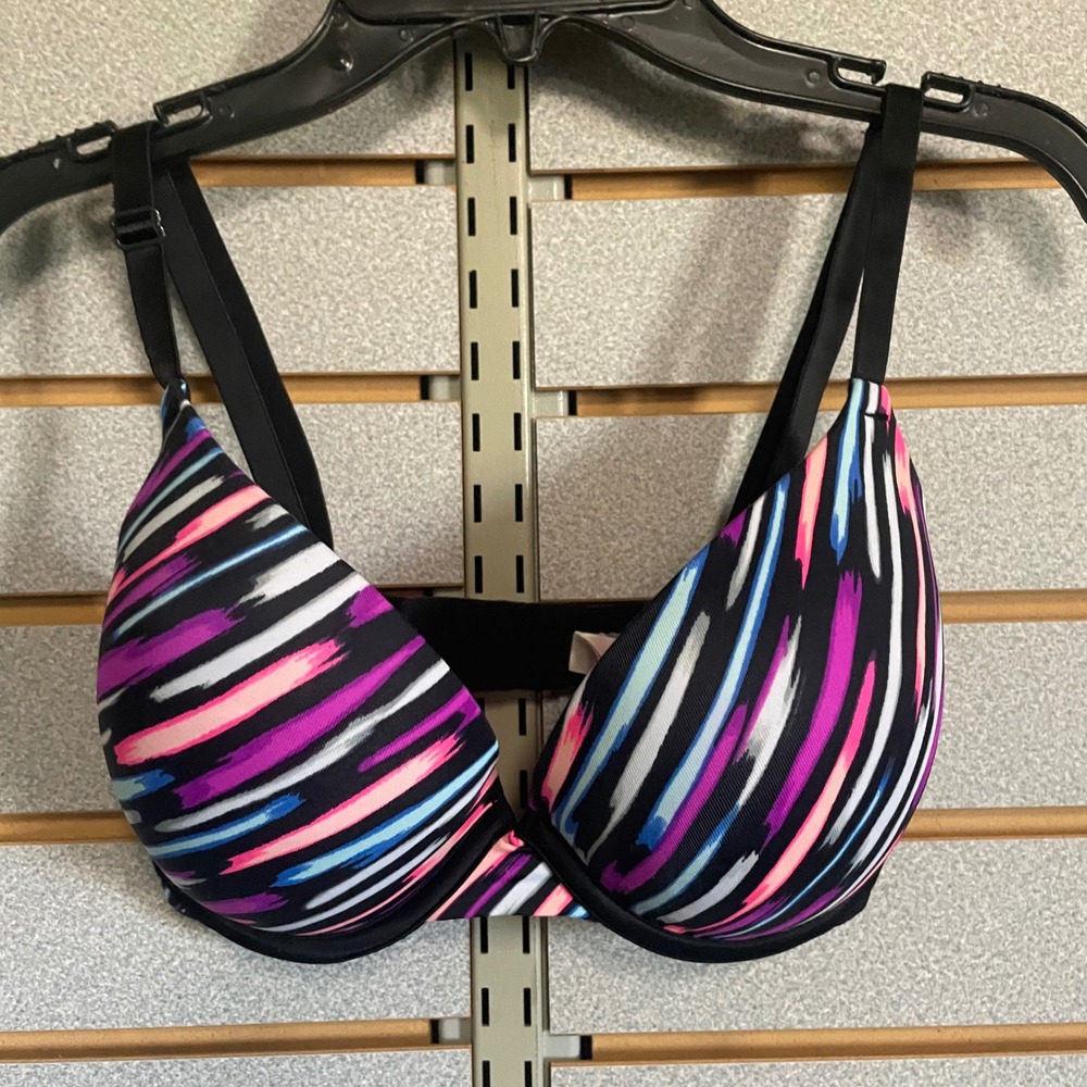 PINK Victoria's Secret 32DD Push Up Bra‎ Colorful Striped Black Straps